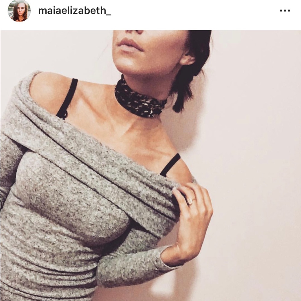 Gray, off the shoulder, long sleeved dress